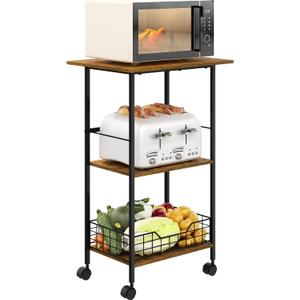 Microwave Stand with Storage, 3-Tier Rolling Kitchen Cart Table with Wire Basket, Wood and Metal Utility Cart on Wheels, Small Coffee Bar Station Cart As Kitchen Island, Microwave Shelf Organizer