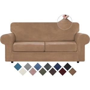 WEERRW Velvet Couch Covers for 2 Cushion Couch Sofa - High Stretch Luxury Velvet Plush 3 Pieces Sofa Slipcovers with Elastic Bottom, Furniture Protector for Pets, Machine Washable, Camel, Medium