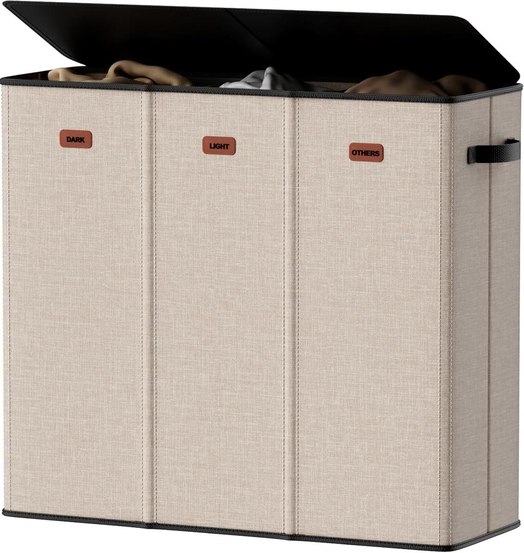 185L Laundry Hamper 3 Section, Laundry Hamper with Lid, Dirty Clothes Hamper with 3 Removable Washing Bags, Extra Large Laundry Basket Organizer for Bedroom, Laundry Room, Dorm - Beige