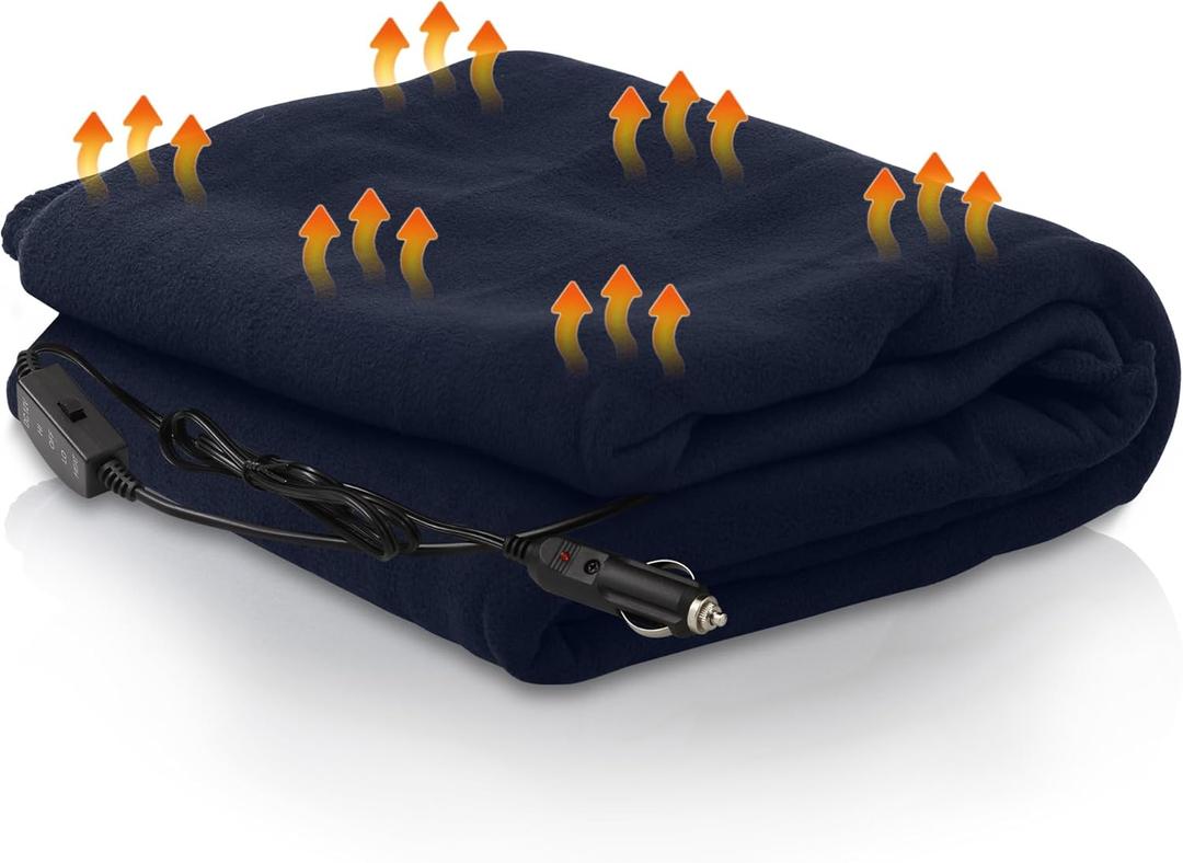 Car Heated Blanket - 12-Volt Portable Blanket for Car, Truck, SUV, RV - Soft Flannel and Sherpa - Travel Size 59" x 43"