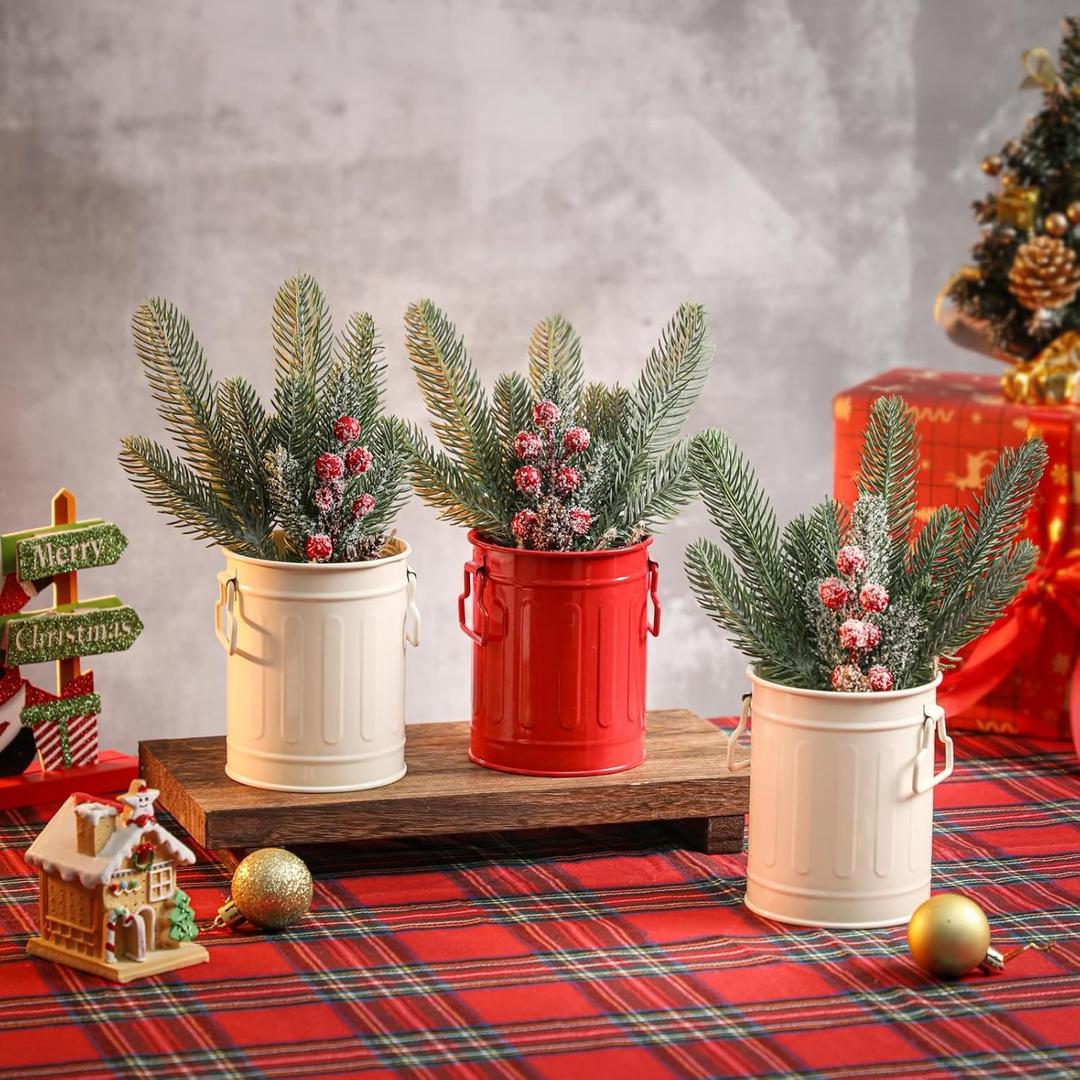 Christmas Centerpieces for Tables, 3 Pack Mini Christmas Artificial Pine Tree with Berries in Metal Pots, Farmhouse Winter Tabletop Xmas Decorations for Home, Mantel Red