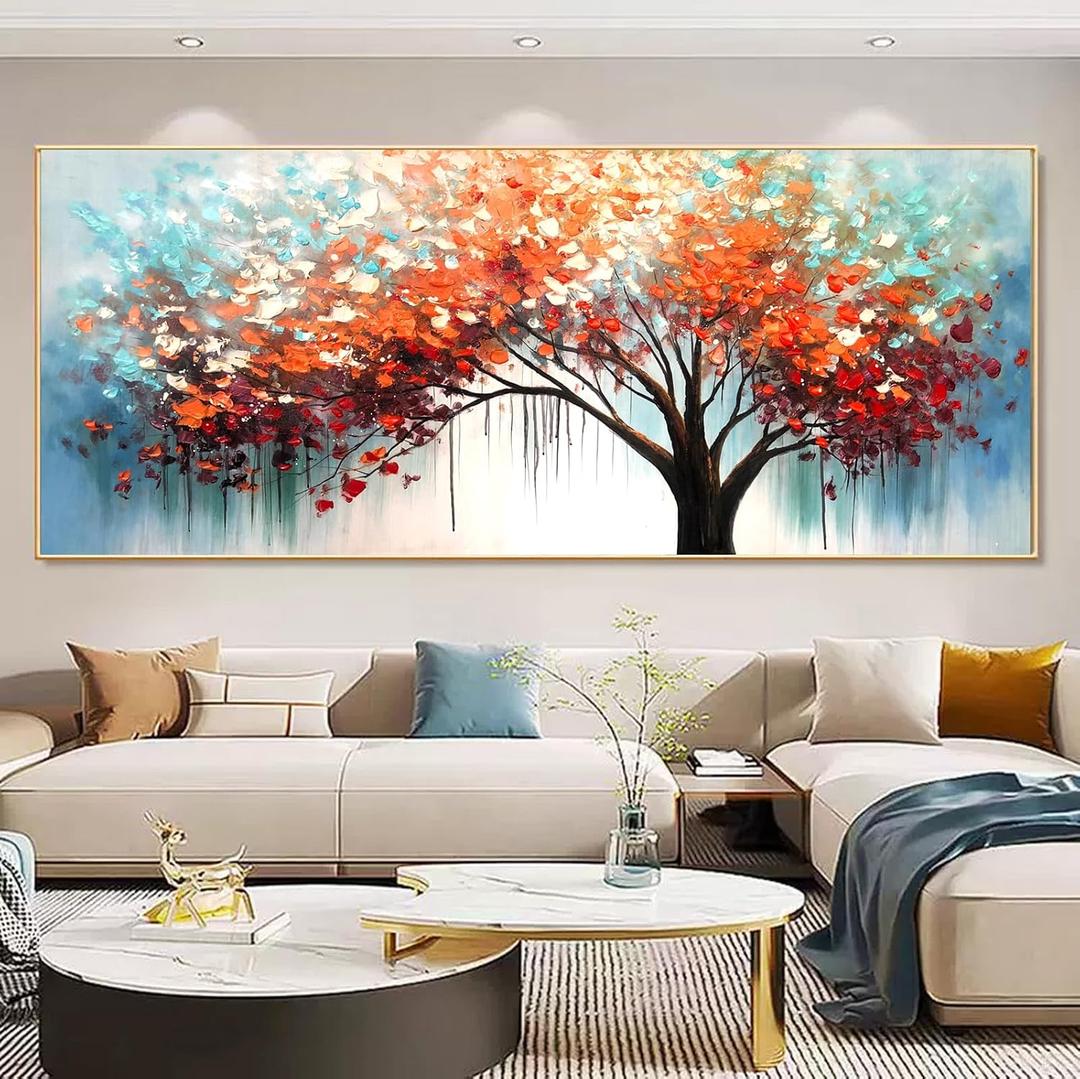Textured Tree of Life Wall Art for Living Room, Gold Framed 3D Abstract Tree Artwork for Office-Hand Painted Landscape Oil Painting on Canvas for Bedroom Home Decoration 24x56 inches