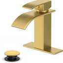 Ryuwanku Bathroom Faucet Brushed Gold Modern Waterfall Bathroom Sink Faucet with Single Handle Suitable for 1 or 3 Holes,Supply Deck Plate and Hose