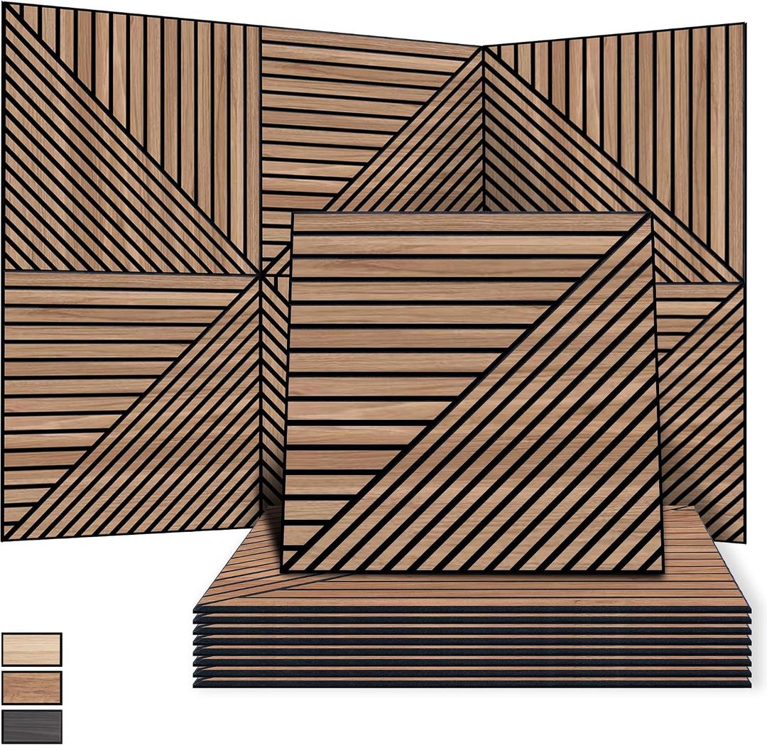 WoveN SounD Artisan Acoustic Wall Panels, 24x24 Inch 8 Pack, PVC Wood Grain Sound Proof Wall Decor, Self-Adhesive for Home, Studio, Office & Focus Zones, Linear Array Prismatic Shadows, Teak