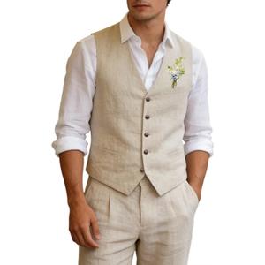 Aowdoy Men's Suit Linen Beach Wedding Suit Prom Tuxedos for Groomsmen Vest+Pants Set Beige XS