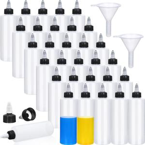 Honeydak 30 Pack 8.5 oz Squeeze Bottles Boston Empty Dispensing Sprayer Plastic Lab Dispensing Bottles with Twist Cap Funnel for Liquids Inks Oil Sauce Condiments Arts (White and Black)