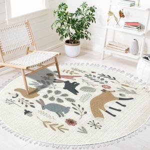 Round Rugs Hand Drawn Scandinavian Style Set Forest Animals Plants Clip Boho Area Rug Linen and Cotton Carpet Meditation Rug Washable Hallway Runner Mat Accent Rug for Bedroom Bathroom 4ft (Multi2)