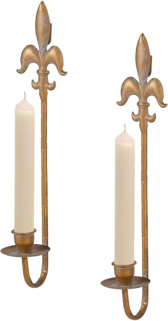 Fleur De Lis Wrought Iron Candle Sconces Set of 2, Rustic Candle Holders Hanging for Living Room Farmhouse Fireplace Wedding (Antique Copper)