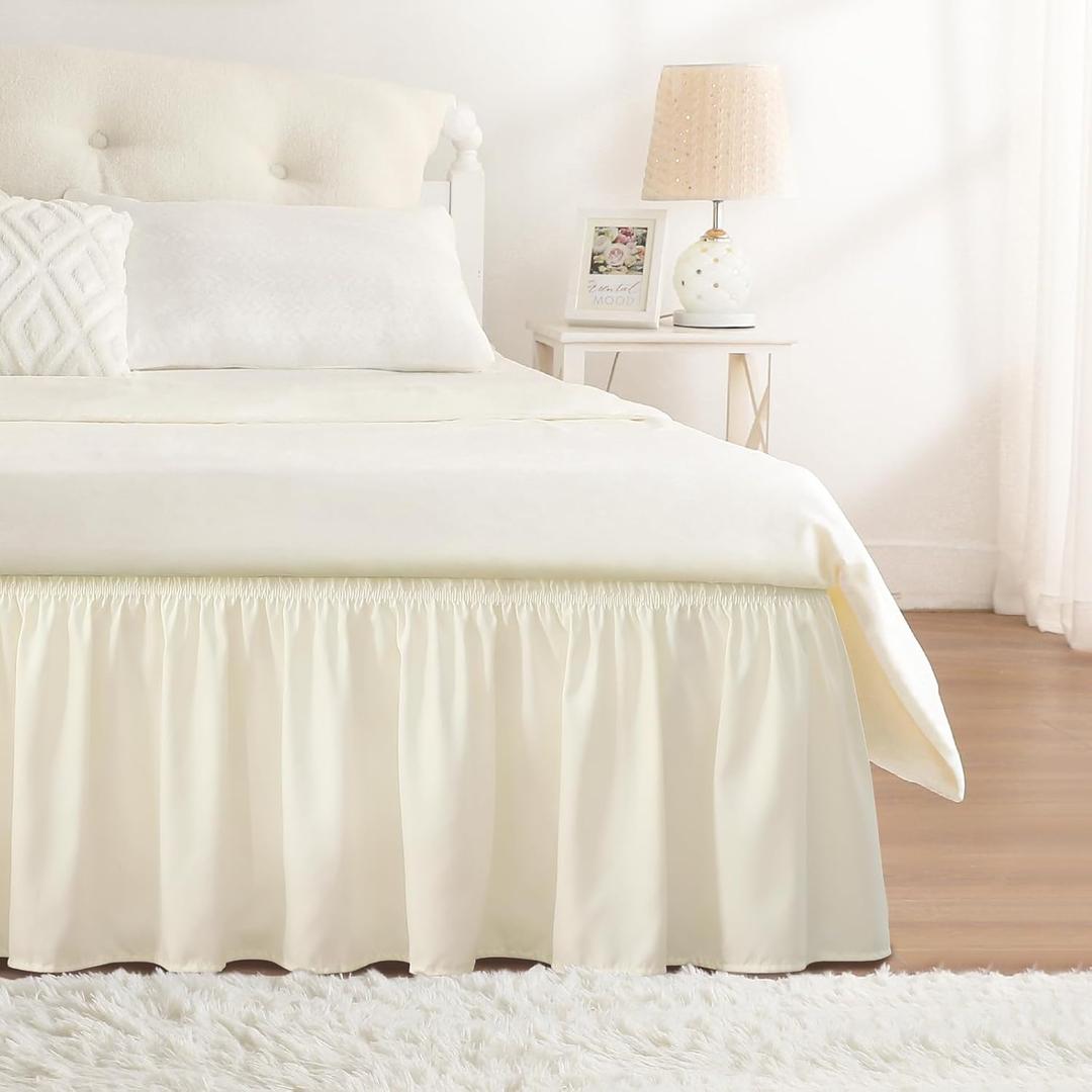 RIMELA Cream Yellow Bed Skirt Full Size 15 Inch Drop, Elastic Bed Skirting for Bed Base and Frame, Bedding Dust Ruffle Easy to Install, Lightweight Wrap Around Adjustable Bedskirt