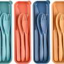 Reusable Wheat Straw Cutlery with Case, Portable Dark Utensils Set for Adults, Tableware Camping Cutlery Set for 4 People, Travel Utensils Set for Kitchens, Dishwasher Safe