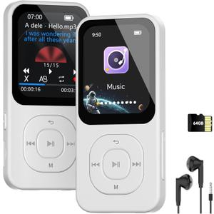 64GB MP3 Player with Bluetooth 5.3, 30 Hrs Playtime, HD Screen Portable Music Player for Sports, Built-in Speaker, FM Radio, Voice Recorder, E-Book, Sleep Timer, Expandable Up to 256GB (White)