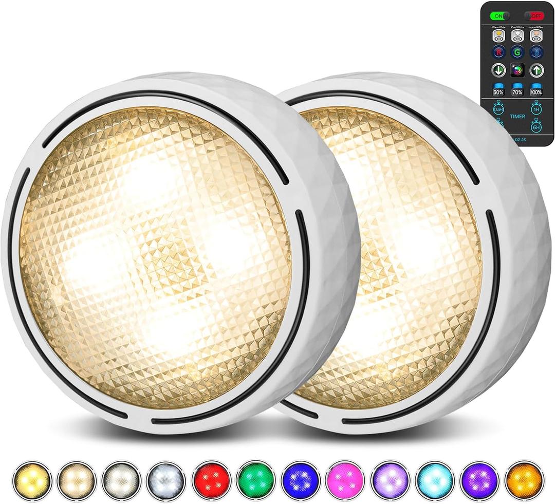 LED Puck Lights with Remote Control, Battery Operated Wireless Closet Light, Under Cabinet Lights Stick on Tap Light, Color Changing Under Counter Light for Kitchen, 2 Pack - White