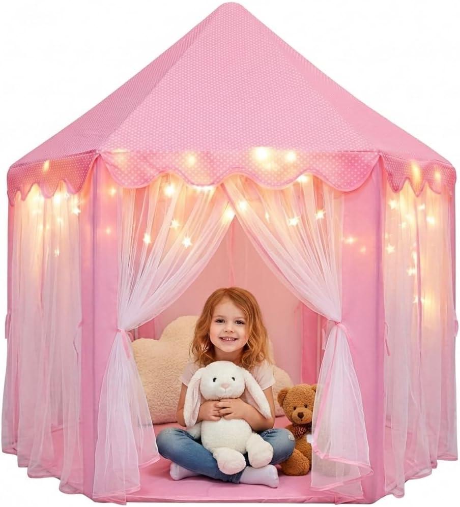 Orian Princess Tent for Kids, Toddler & Kids Pink Play Tent Indoor & Outdoor Princess Castle Fort for Girls and Toddlers Ages 2-7, 55x53, LED Star Lights, Childrens Toys and Gifts for Girls