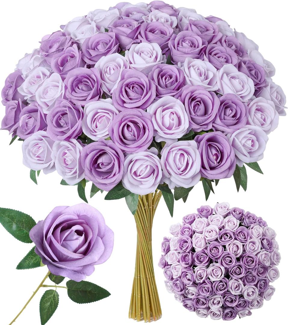 50 PCS Purple Roses Artificial Flowers, Real Looking Fake Roses with Long Stems Silk Flowers for DIY Wedding Bouquet Party Celebration Home Bridal Shower Decoration Valentine's Day Gift for Her Wife