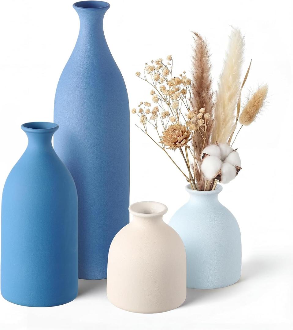 Dandat Blue Ceramic Vase Set of 4, Modern Decorative Ceramic Vases Rustic Pottery Centerpiece Table Decor for Farmhouse Bouquet Pampas Grass Dried Fresh Flowers, Living Room, Kitchen, Bedroom