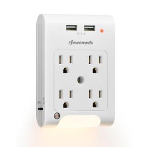 DEWENWILS 4-Outlet Extender, Wall Outlet Adapter with 2 USB Ports(3.1A Total), Light Sensor Night Light, 1080 Joules Surge Protector, ETL Listed