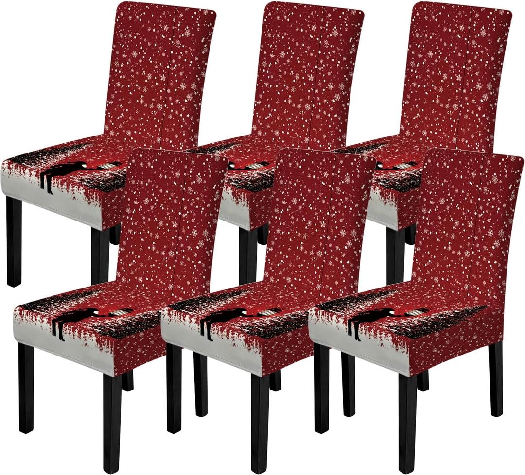 FOREVER QUEEN Red & White Classic Chair Covers 6 Pcs -Stretchable Washable Dining Chair Slipcovers,Festive Plaid Lace Back Covers for Home Kitchen Cafe,Daily Use Chair Protectors (Red - Christmas Tree)