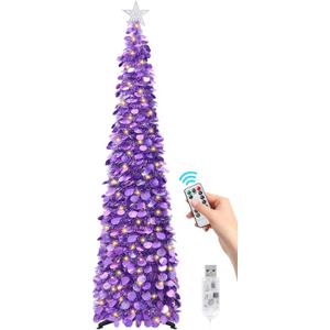 6 FT Pop Up Christmas Tree with 100 LED Timer Lights & Remote, Purple Collapsible Christmas Tinsel Tree Artificial Pencil Tree Xmas Decoration for Holiday Home Office Party, USB Powered