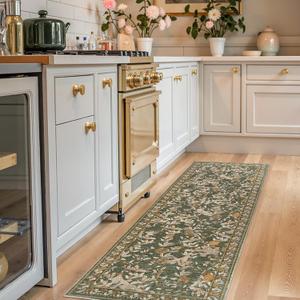jinchan Eden Floral Washable Runner Rug 2x6 Vintage Hallway Rug Non-Slip Lightweight Soft Thin Kitchen Low Pile Distressed Orange Green Carpet for Bathroom Laundry Room Bedroom Entryway