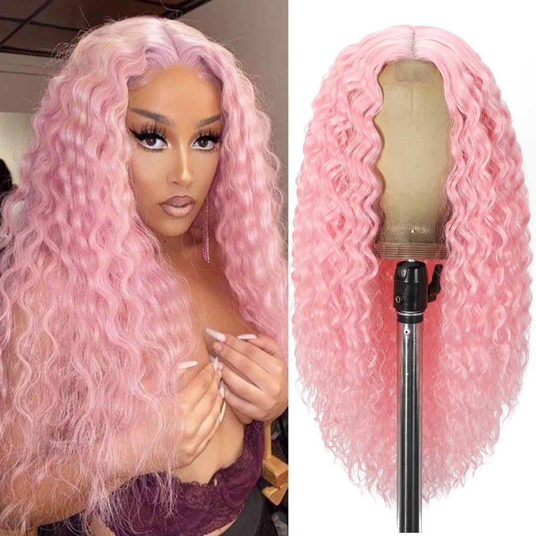Long Pink Curly Wig for Women 26 Inch Middle Part Synthetic Pink Wigs Upgraded Protein Fiber Hair Replacement Wig Cosplay Costume Halloween Colorful Wigs