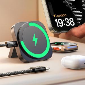 LISEN for MagSafe Charger Stand for iPhone Magnetic Apple Watch Airpods Charging, Minimalist Travel for iPhone Wireless Charger Magnetic MagSafe Accessories Apple 16 Pro Max iwatch Airpods Black (1.5m/5ft Detachable 60W USB C Cable)