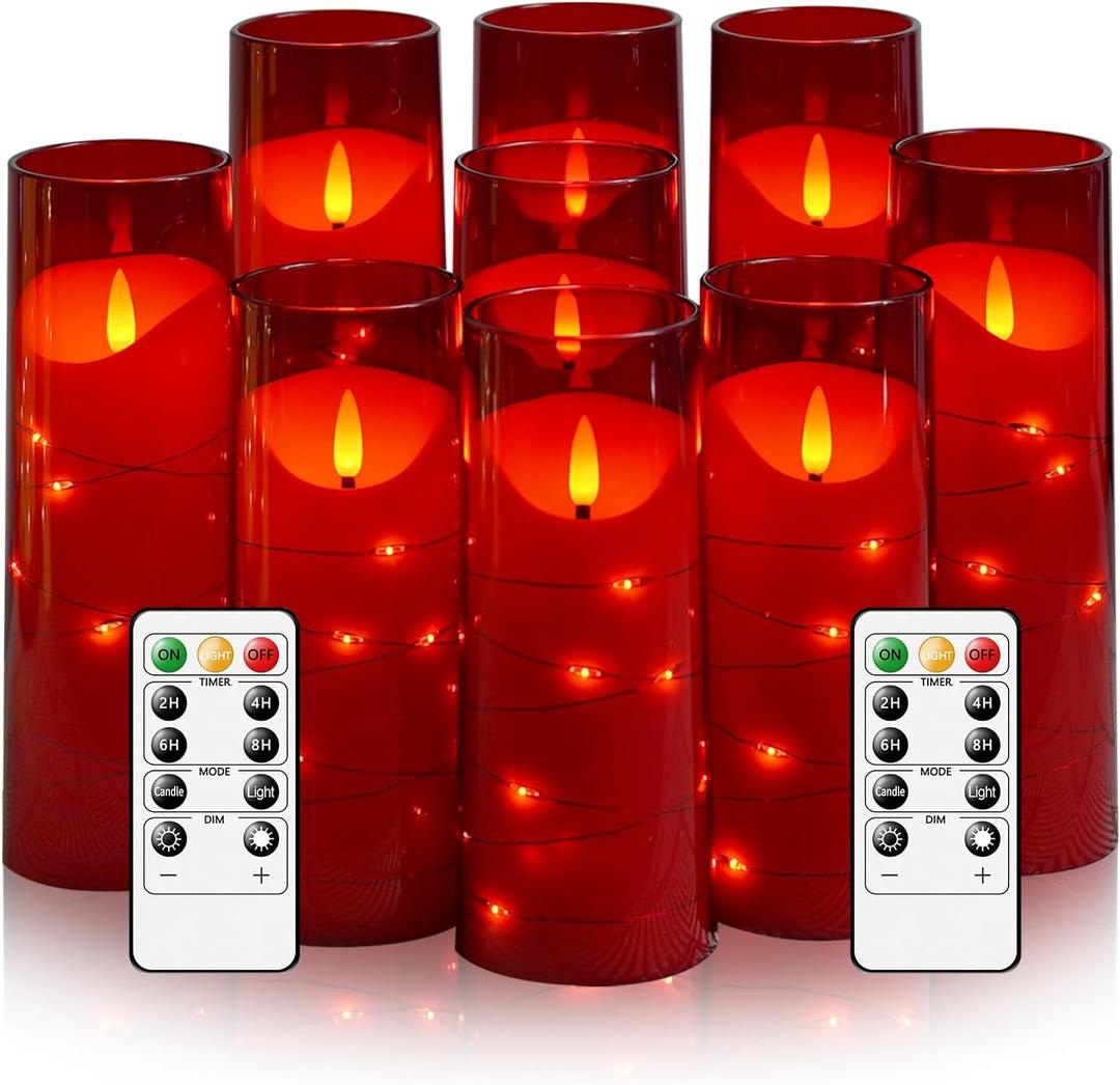 Flameless Candles with Embedded Star String, Battery Operated LED Pillar Candles with Timer and Remote Control,Home Decorating for Ambiance Set of 9 (Red)