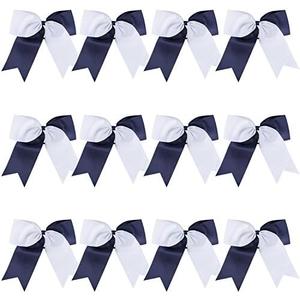 8 Inch 2 Colors Jumbo Cheerleader Bows Ponytail Holder Cheerleading Bows Hair (Navy blue/White) 12 piece