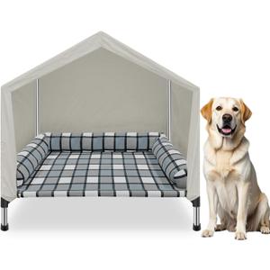 Elevated Dog Pet Bed House - Weatherproof 2-in-1 Indoor Outdoor Pet Cot with Canopy & Bolster Cooling Portable Raised Dog Bed with Pillow for Camping Beach