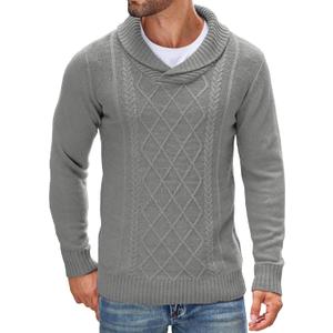 COOFANDY Men's Shawl Collar Sweaters V-Neck Cotton Relaxed Fit Cable Pullover (Light Grey, Large)