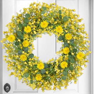 26 Inch Large Summer Spring Wreaths for Front Door Daisy Wreath Easter Wreaths for Front Door Artificial Floral with Green Eucalyptus Leaves Wild Floral for Farmhouse Porch Wall Living Room Home Decor