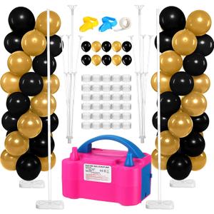 2 Sets Balloon Column Stand Kit and Electric Balloon Pump Adjustable 7.2 ft Balloon Stand for Floor 100 Pcs Balloons for Graduation Baby Shower Birthday Wedding Party Decor Black and Gold