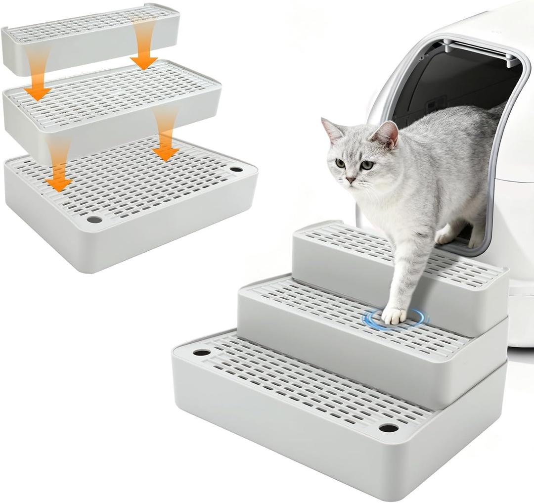 Adjustable 3 Steps Cat Ramp for Litter Box, Detachable Cat Pedal Step Stool with Filter Function, Double Layered Cats Litter Trapper, Suitable for Small&Elderly Cats, Non-Slip(Grey)