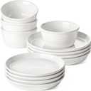 LE TAUCI Ceramic Plates and Bowls Set for 4, 12-Piece Ceramic Dinnerware Set, Farmhouse Dishes Set, Microwave & Dishwasher Safe, Stackable, 10" Dinner+8" Salad Plates+6" Bowls, White