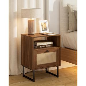 Rattan Nightstand, Boho Night Stand Farmhouse Wood Bedside Table with Storage and Open Shelf, End Side Accent Table for Bedroom,Living Room,Walnut (Normal)