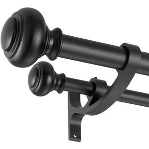 Matte Black Double Curtain Rods 28 to 48 Inch, Decorative Window Treatment Rods with Urn Finials, 1-Inch Front and 5/8 Inch Back Telescoping Rods
