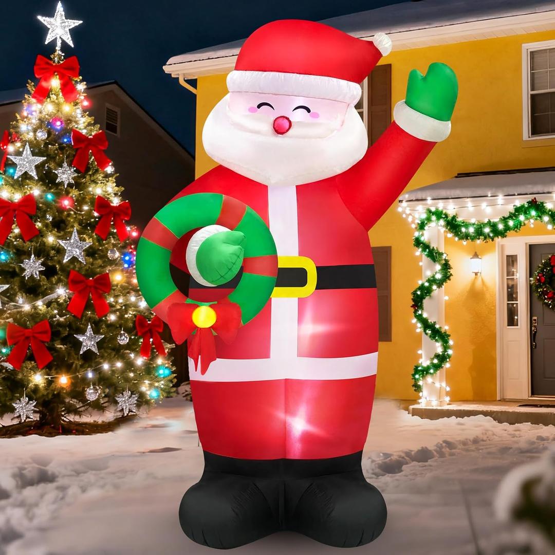 Danxilu Christmas Inflatables Outdoor Decorations 6 FT Santa with Wreath Built-in LED Lights, Inflatable Santa Claus Waving Hand Blow up Yard Decor for Outside Garden Lawn Xmas Holiday Party
