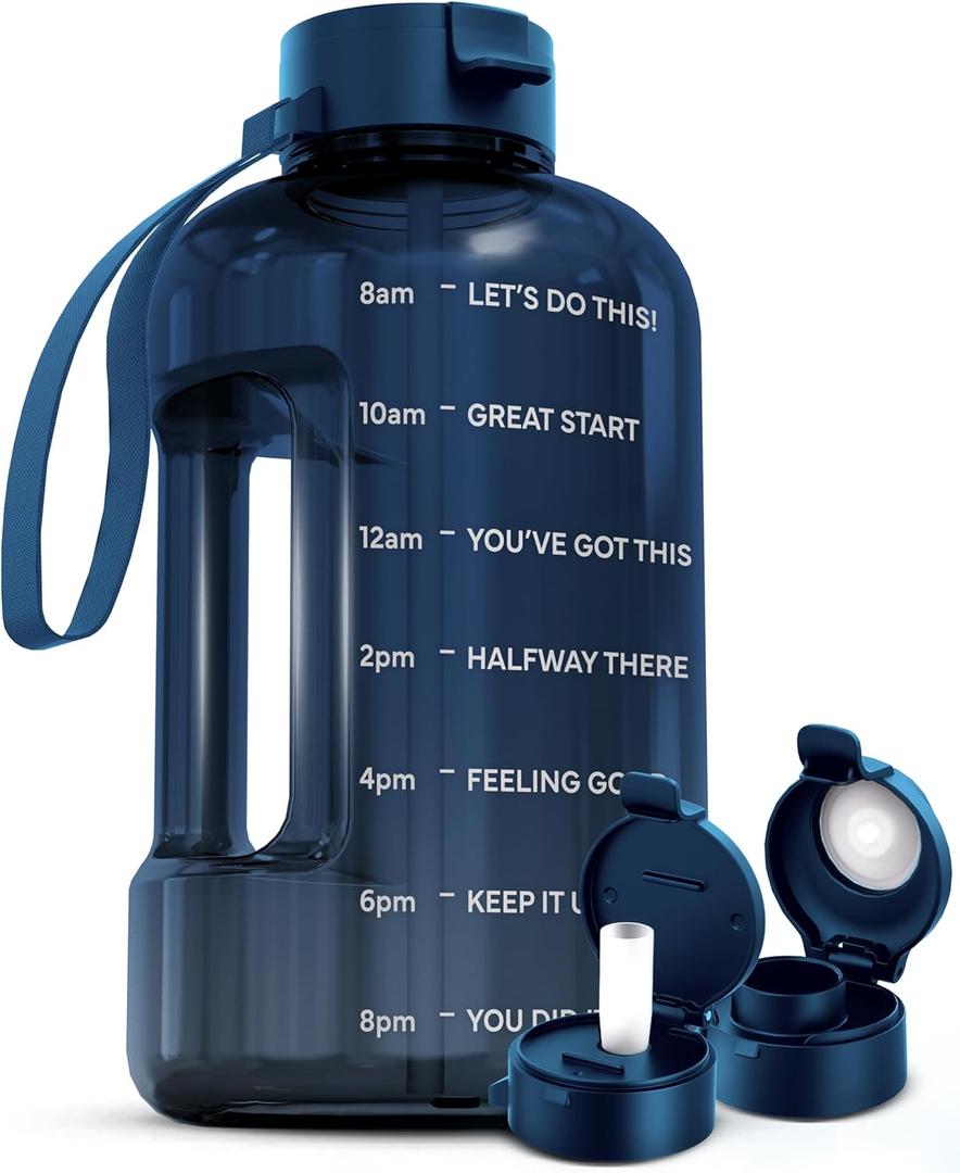 AQUAFIT Half Gallon Water Bottle with Time Marker - Straw & Chug Lid - BPA Free Gym Water Bottle with Straw - Big Gallon Jug (Nebula, 64 oz - 2 Lids)