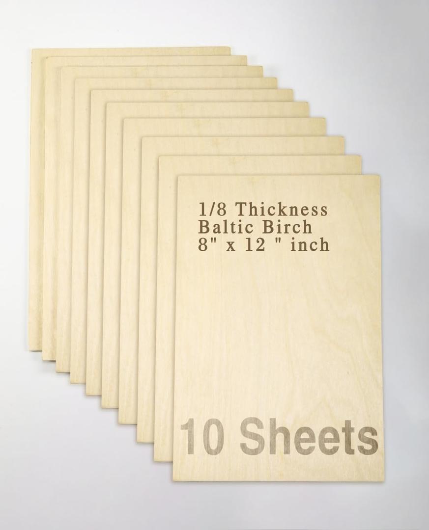 Baltic Birch Plywood - 1/8 Inch Thickness - 8" x 12" Wood Sheets for Laser Cutting, CNC Cutting and Crafts - Pack of 10, by TX liteart