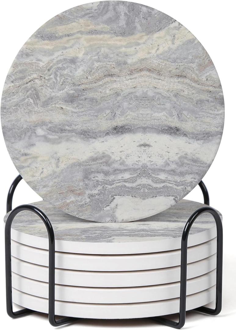 Set of 6 Light Gray Abstract Onyx Marble Coasters with Holder, Absorbent Ceramic Coasters for Drinks, Coasters with Cork Backing for Table Protection, Coffee Table Decor