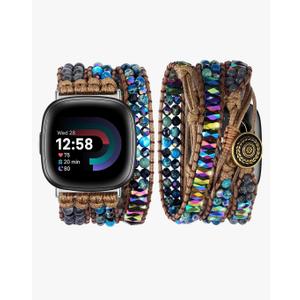 JR.DM Boho Beaded Band Women for Fitbit Versa 4/Versa 3/Sense 2/Sense Bands Natural Stone Bracelet Adjustable Handmade Braided Strap Smartwatch Replacement Wristband