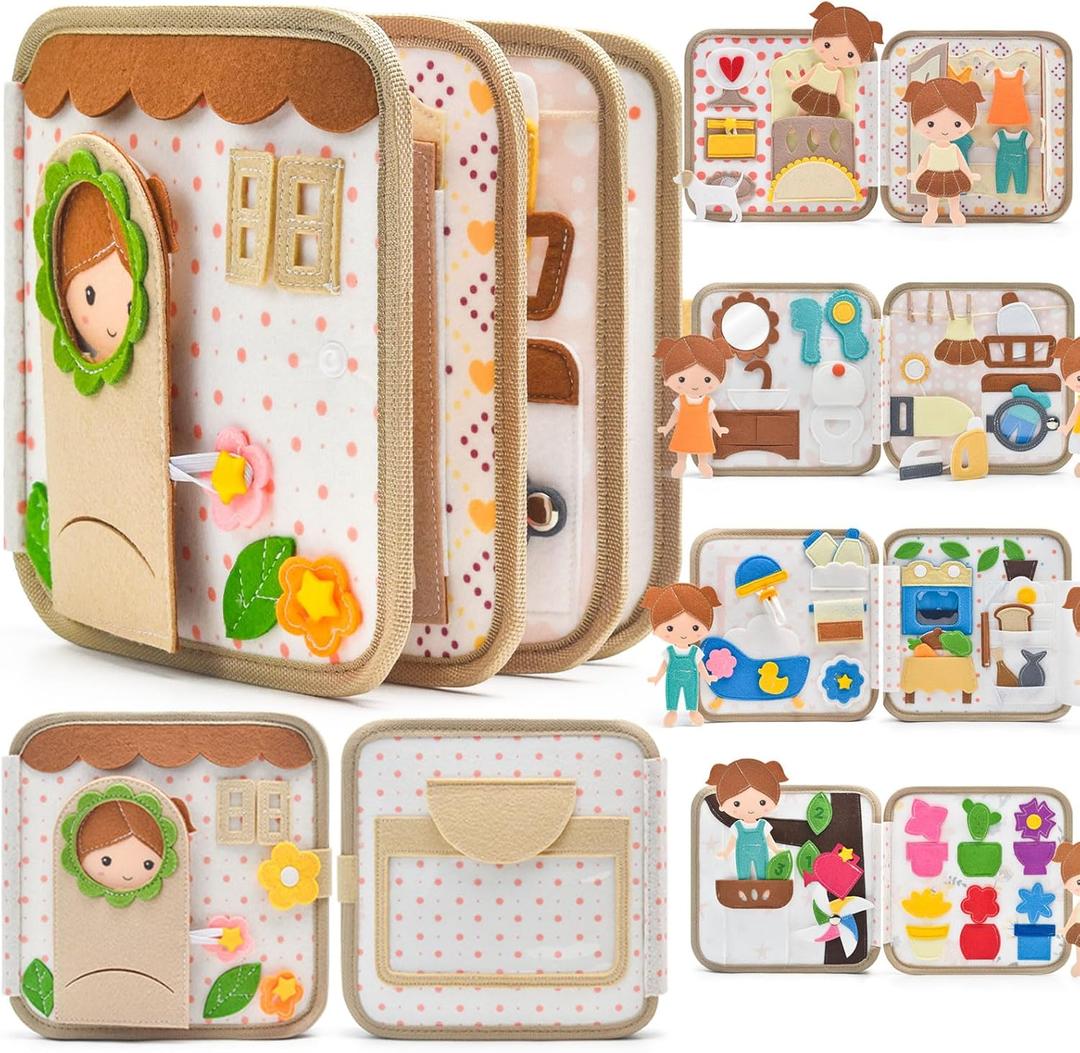 Montessori Busy Book for Toddlers 1-3, Felt Quiet Book & Busy Board for Preschool Learning, Fine Motor Skills, Sensory Play, Educational Travel Toy & Gift  Pretend Play for Girls, Brown