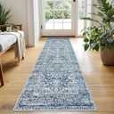 KUTA Vintage Washable Runner Rug, 60x24 Runners Non-Slip Blue 5ft Hallway Kitchen Rugs Ultra Soft Printed Floral Distressed Tribal Farmhouse Carpet for Bedroom Entryway Decor