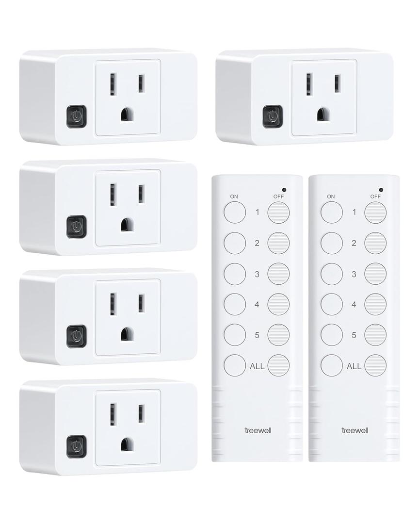 Wireless Remote Control Outlet, 200FT Long Range Remote Light Switch, Mini Remote Outlet Plug, 15A/1875W High-Power for Lamps, Lights, Household Appliances, FCC & ETL Listed (5 Outlets + 2 Remotes)