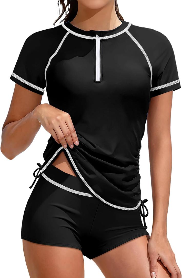 Girls Swimsuit Rash Guard Bathing Suit for Girls 2 Piece Short Sleeve Solid Color UPF 50+ Padded Zip Swimwear, Size: 15-16 Years