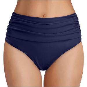 Tempt Me Women's High Waisted Bikini Bottom Tummy Control Ruched Bathing Suit Swim Bottom (Large, Navy Blue)