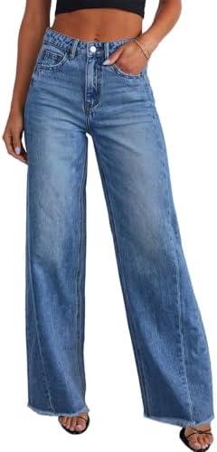 Sidefeel Women's Wide Leg Jeans High Waisted Stretchy Raw Hem Zimbaplatinum Denim Pants Size 8
