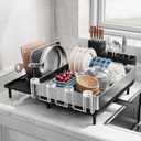 Expandable Dish Drying Rack, Dish Racks for Kitchen Counter, Stainless Steel 304, FlipTop Retractable Plate, MultiDirectional Adjustable Dish Rack, Space Saving Large Drying Rack Kitchen, Black+Silver
