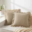 KKJIAF Ruffle Gingham Pillow Covers 20 x 20 Inches, Cotton Gingham Pillow Cases Set of 2, Linen Feel Ruffled Plaid Pillow Shams with Envelope Closure for Sofa Bed (Taupe/White Plaid)