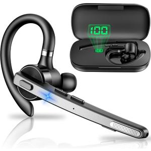 New Bee Bluetooth Headset, 72H Talktime Wireless Bluetooth Earpiece for Cellphone with 500mah Charging Case V5.1 Dual Mic Noise Cancelling Hands-Free Earphones for Office Driver (Black)