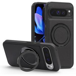 Magnetic Case Designed for Google Pixel 10 Pro XL Premium PU Leather 360 Degree Rotatable Ring Stand Kickstand Rugged Shockproof Phone Cover for Pixel 10 Pro XL (Black)